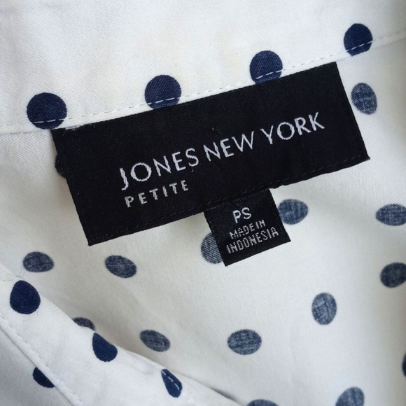 Jones New York White Navy Blue Polka Dot Mid-Century Modern 3/4 Sleeve Top P/S - Picture 6 of 12